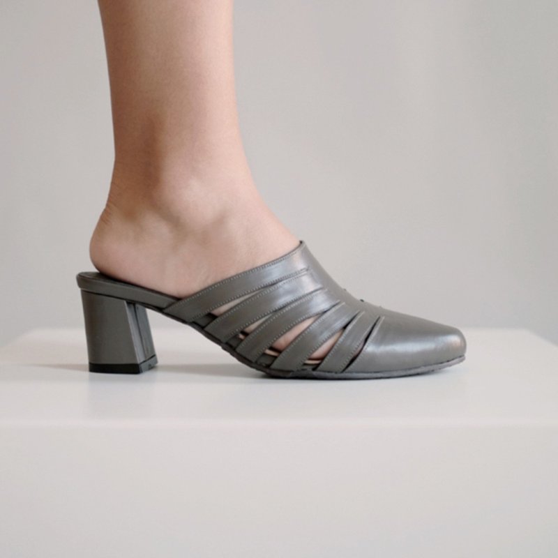 Shärk Heels (灰) Gray 中高跟穆勒 | WL - 穆勒鞋 - 真皮 灰色