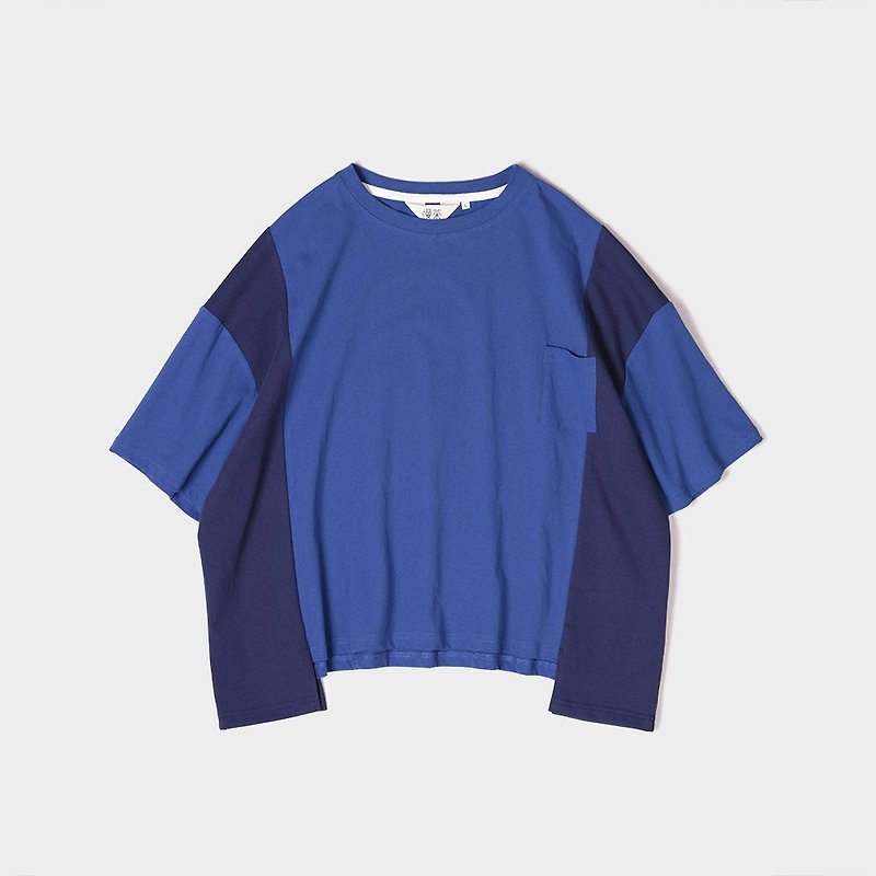 Cotton loose color fight color sleeve round neck T - Women's T-Shirts - Cotton & Hemp Blue