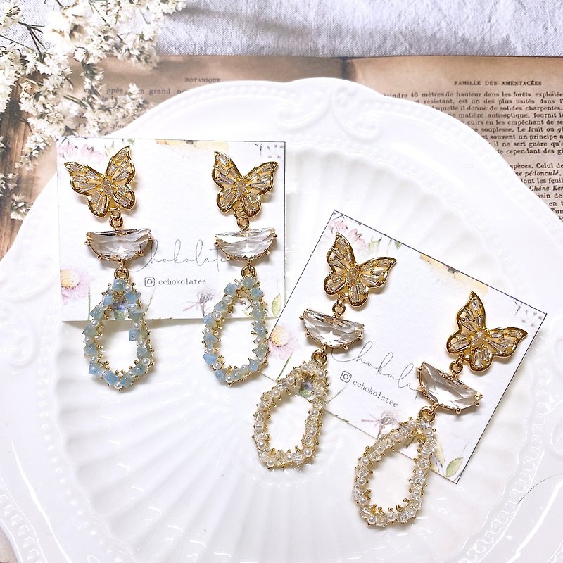Stone butterfly earrings 925/14KGF earrings - Earrings & Clip-ons - Semi-Precious Stones White