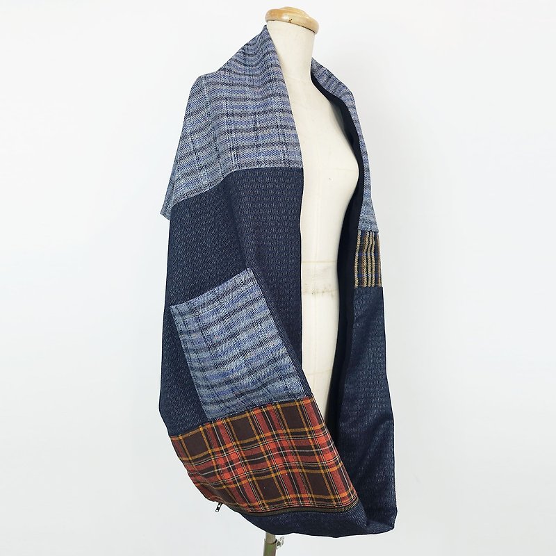 Urb Multi-Layer Long Towel Zip Panel - Knit Scarves & Wraps - Cotton & Hemp Blue