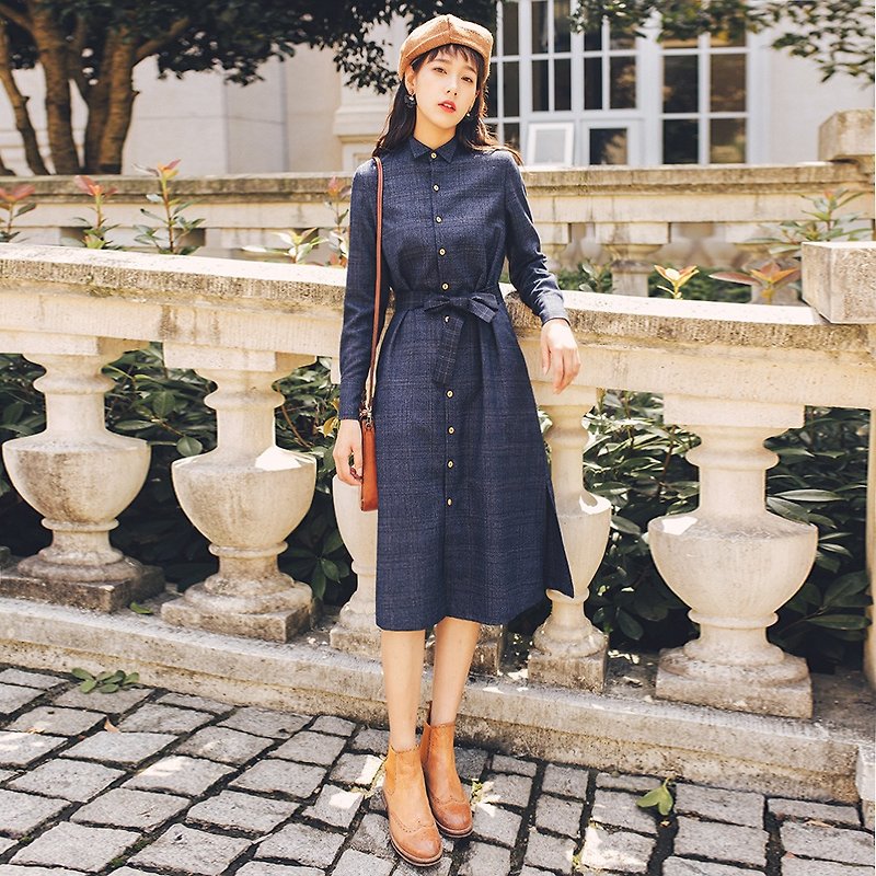 2018 autumn and winter women's new products side slit split lattice dress dress - One Piece Dresses - Polyester Blue