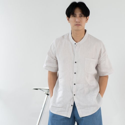 Candith Blue & J Natural Linen Shirt with Black Buttons - Very Light Grey