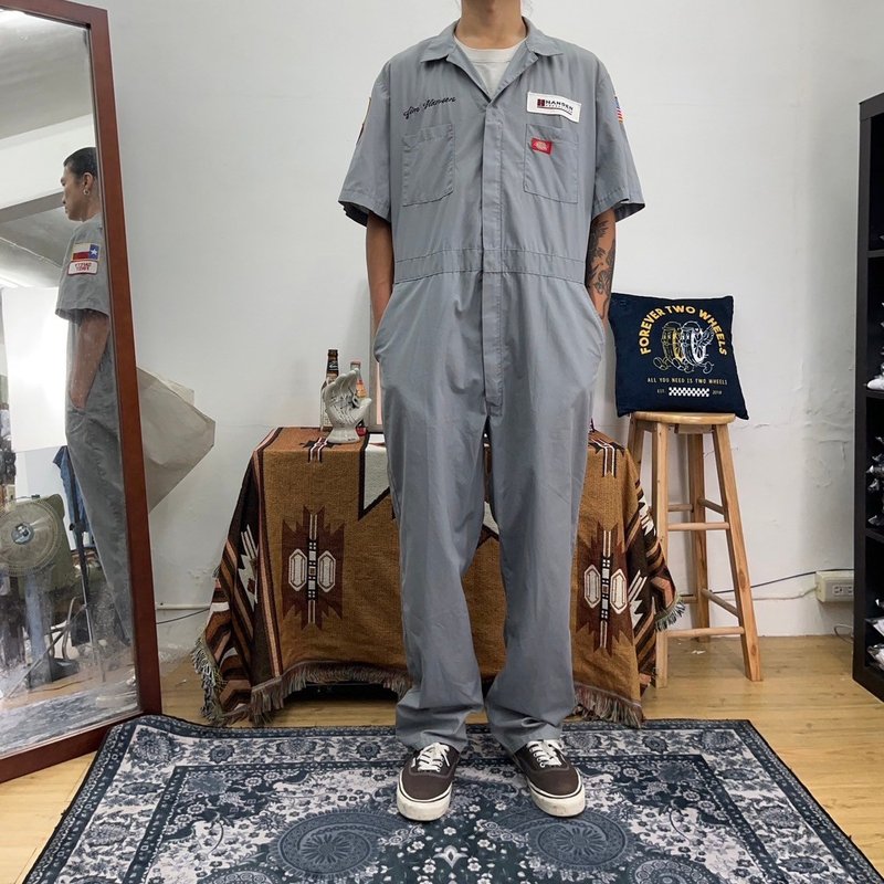 DICKIES iron gray short-sleeved overalls COVERALLS patch electric embroidery vintage second-hand - กางเกงขายาว - ผ้าฝ้าย/ผ้าลินิน สีเทา