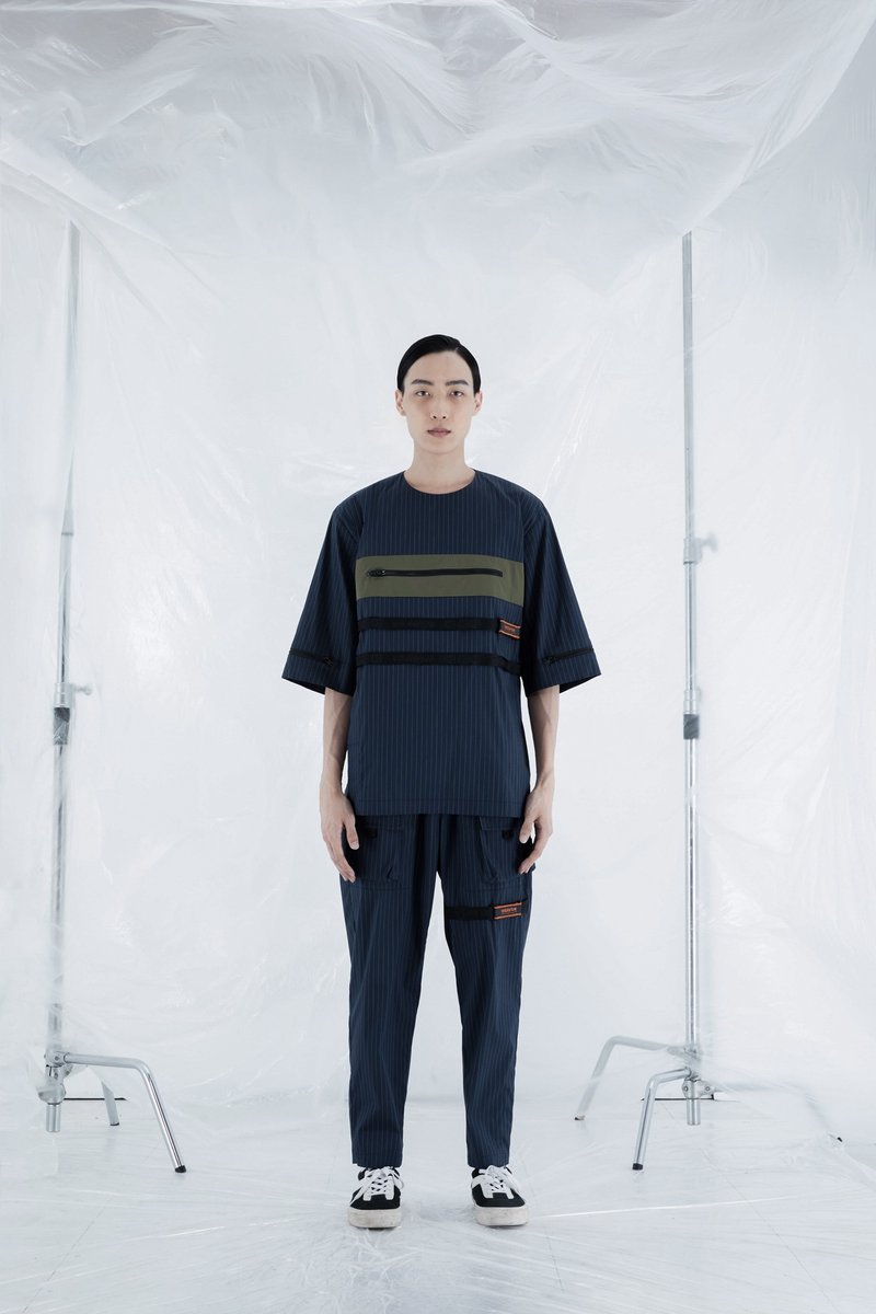 多功能中袖上衣 - 藍條 - 男 T 恤 - 棉．麻 藍色