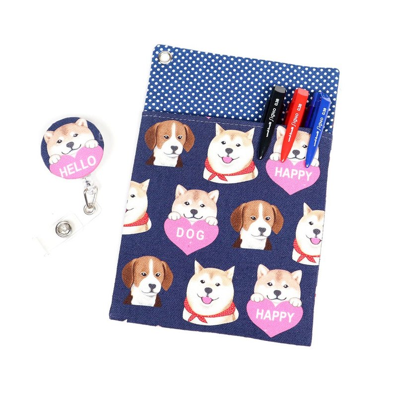 醫師袍 口袋式 防漏墨 收納袋 筆袋+證件夾 - Hello 狗狗們 (藍) - 鉛筆盒/筆袋 - 棉．麻 藍色