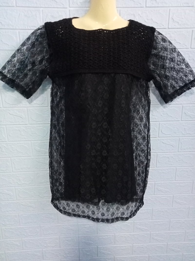 Crochet dress with black fabric lace, Dress handmade - 連身裙 - 其他材質 黑色