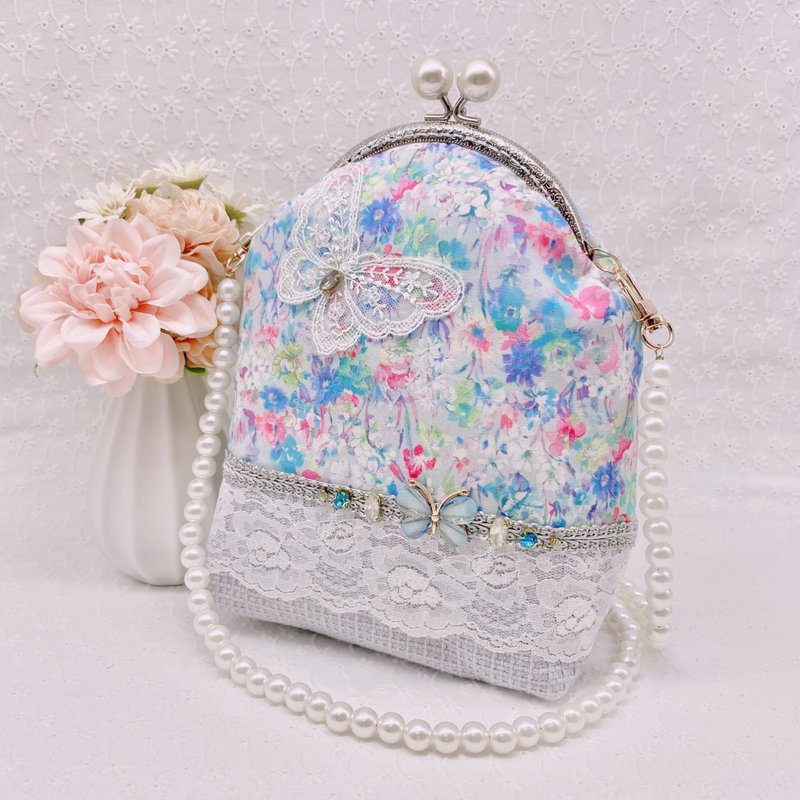 Kiss lock bag bag with watercolor flower lover and sparkling butterflies - Messenger Bags & Sling Bags - Cotton & Hemp Blue