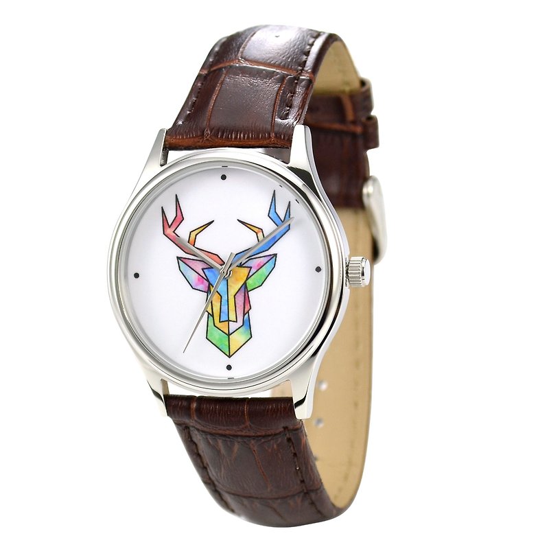 トナカイの頭のイラスト時計ラウンドネイルIユニセックスI世界中に送料無料 - 腕時計 - 金属 カーキ