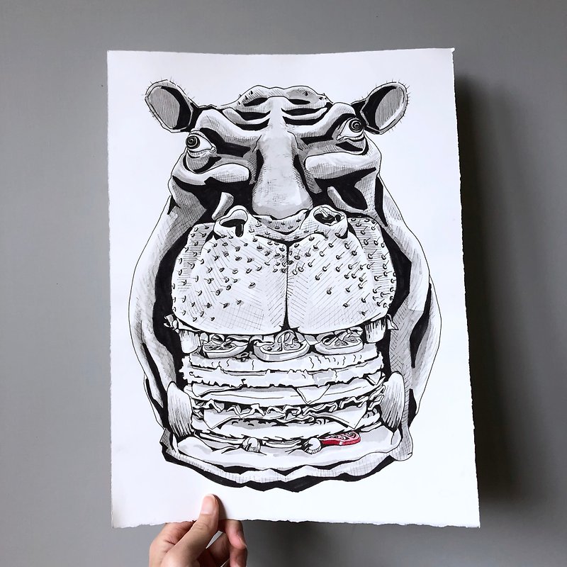 Cheeky Boy Original Painting - Animal Series - Hippo Burger - Posters - Paper 