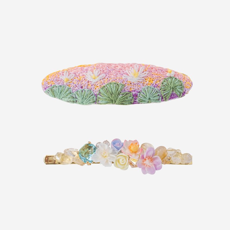 漫霞睡蓮刺繡髮夾套裝 - 髮夾/髮圈 - 黏土 粉紅色