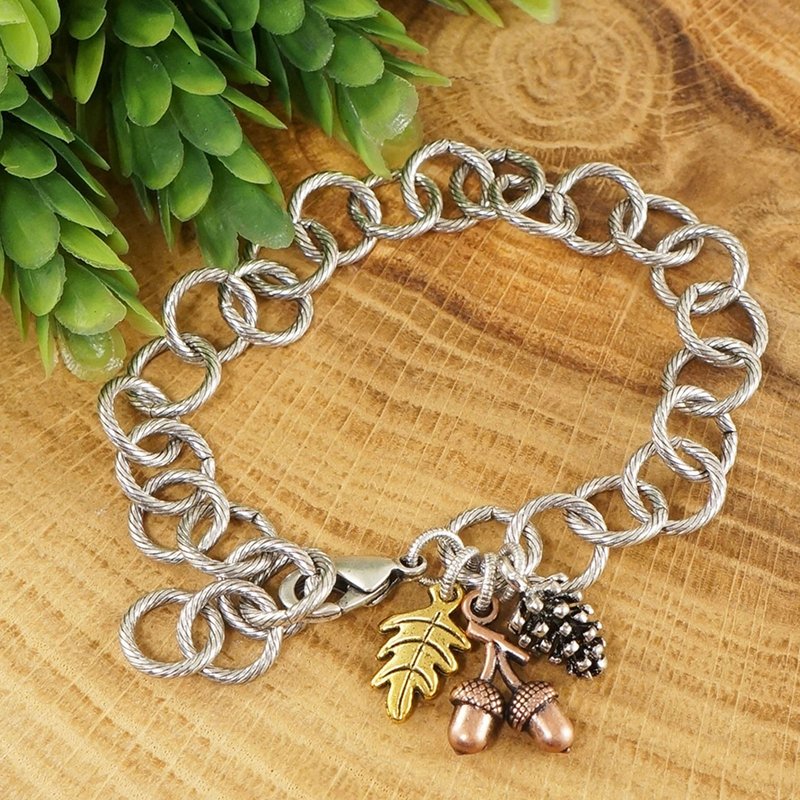 Large Silver Chain Acorn Leaf Pinecone Charm Multi Metal Bracelet Woman Jewelry - 手鍊/手環 - 其他材質 銀色