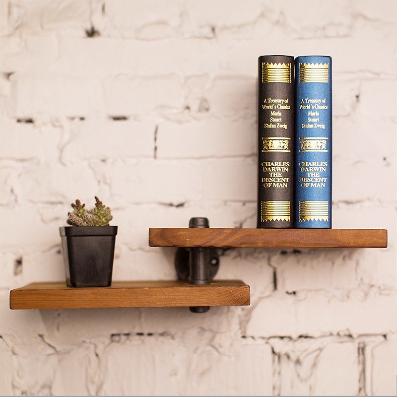 Wrought iron water pipe industrial style double-layer shelf wall decorative bookshelf - กล่องเก็บของ - โลหะ สีนำ้ตาล