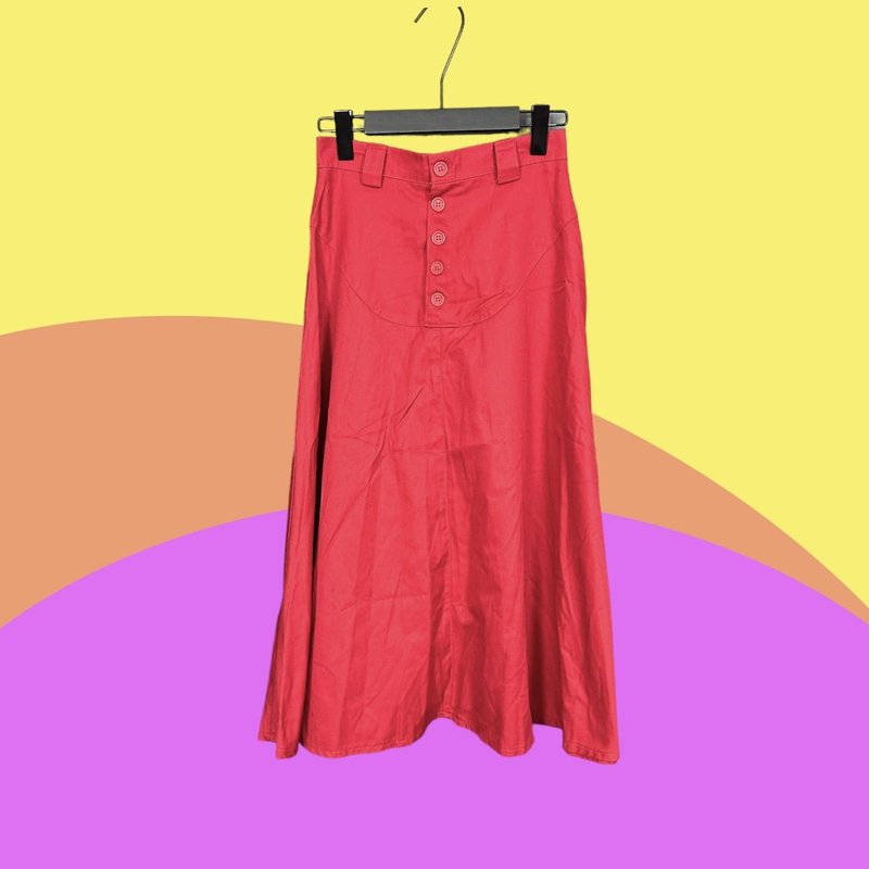 Second-hand red plain simple basic high-waisted buttoned long skirt CA614 - กระโปรง - เส้นใยสังเคราะห์ สีแดง