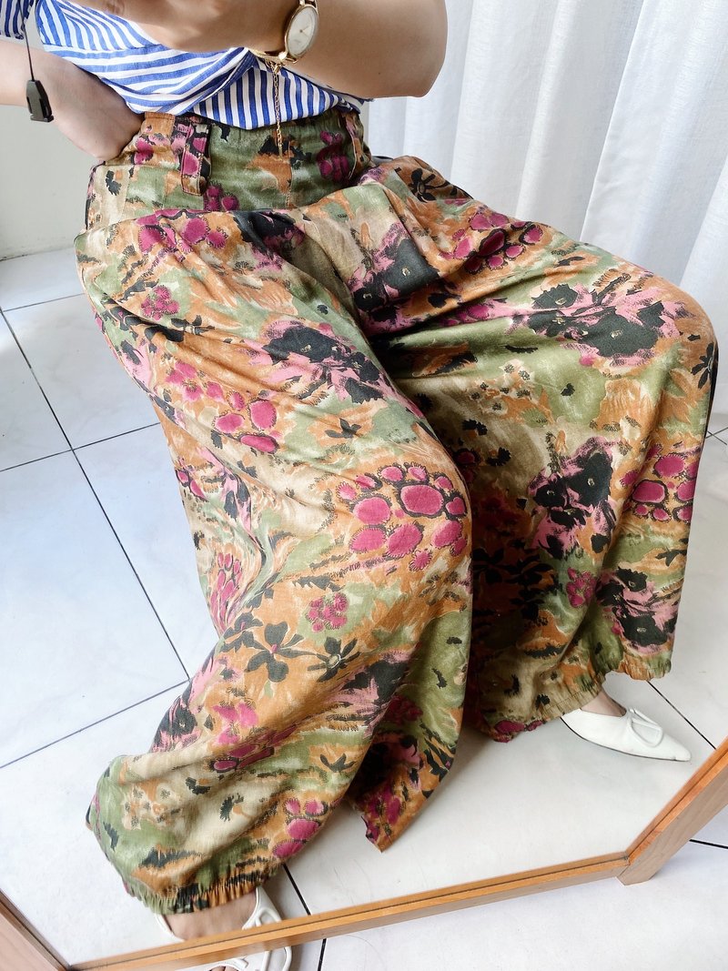 土黃嫩綠打褶寬版大A字褲管 古著薄料棉質長褲寬褲 pants vintage - 女長褲 - 棉．麻 多色