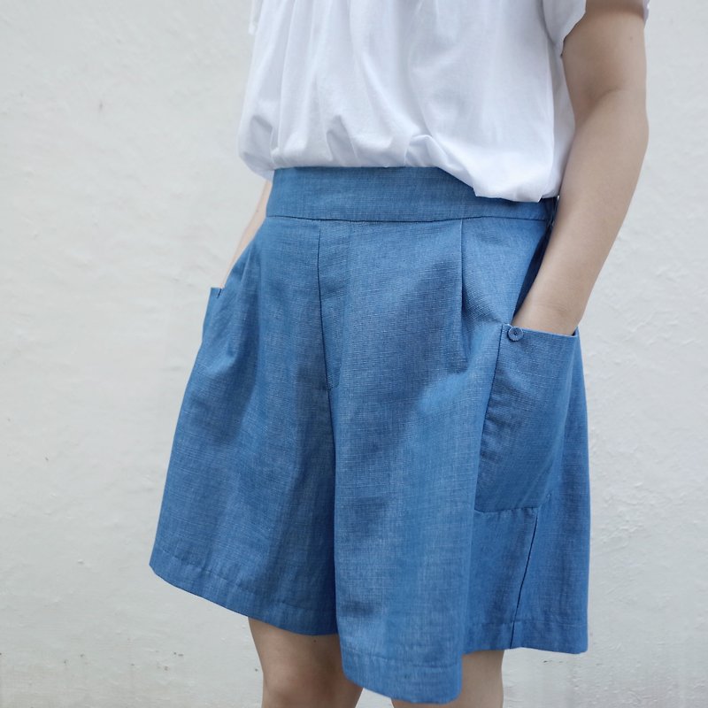 短褲裙 海水藍 - 女長褲 - 棉．麻 藍色