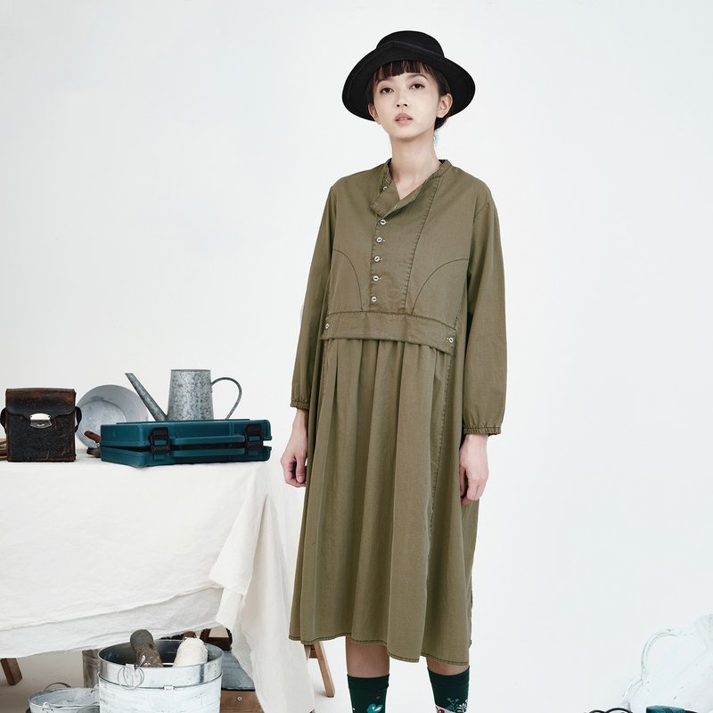 週間與週末半排釦層次洋裝 - 洋裝/連身裙 - 棉．麻 綠色