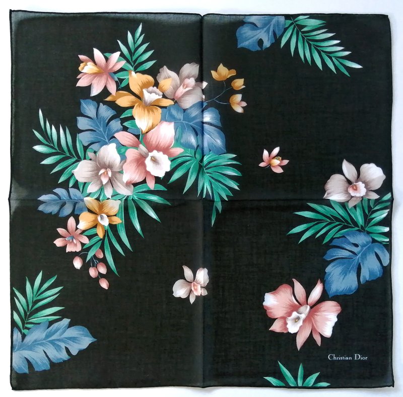 Christian Dior Vintage Handkerchief Floral Print 18 x 18 inches 克里斯汀迪奧 - Handkerchiefs & Pocket Squares - Cotton & Hemp Black