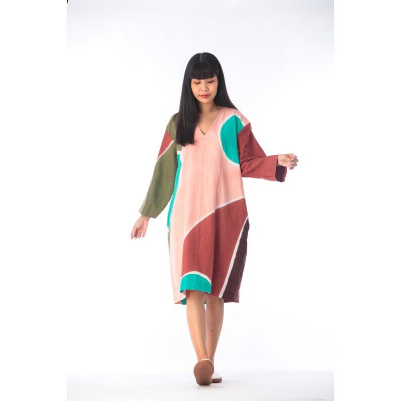 Short Dress Free Size Cotton Rayon Hand Paint - 洋裝/連身裙 - 棉．麻 粉紅色