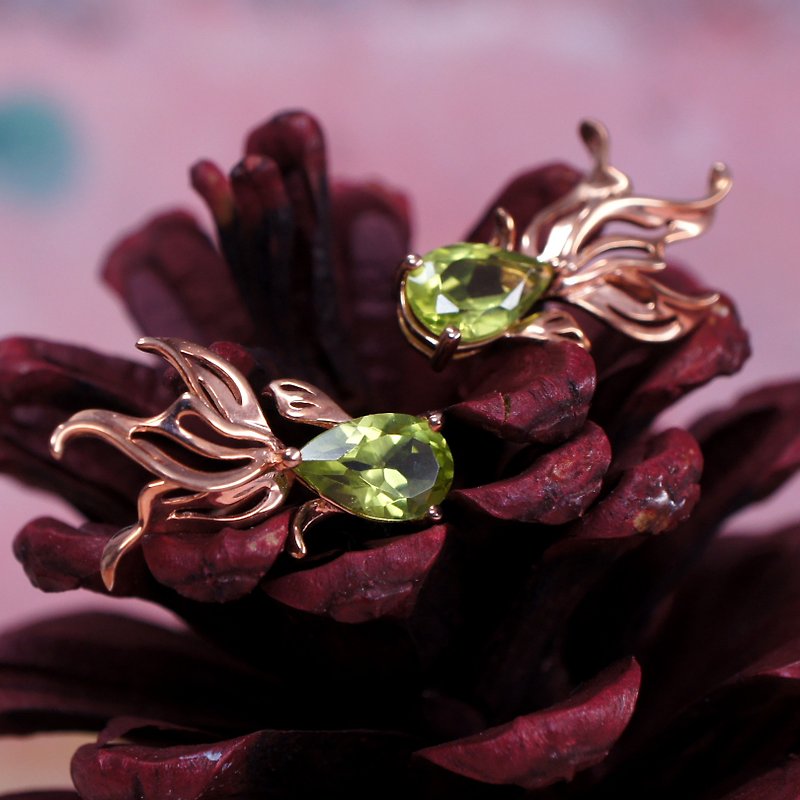 小金魚 - 橄欖石 純銀 電 18K 玫瑰金 耳針 耳環 - 耳環/耳夾 - 寶石 綠色