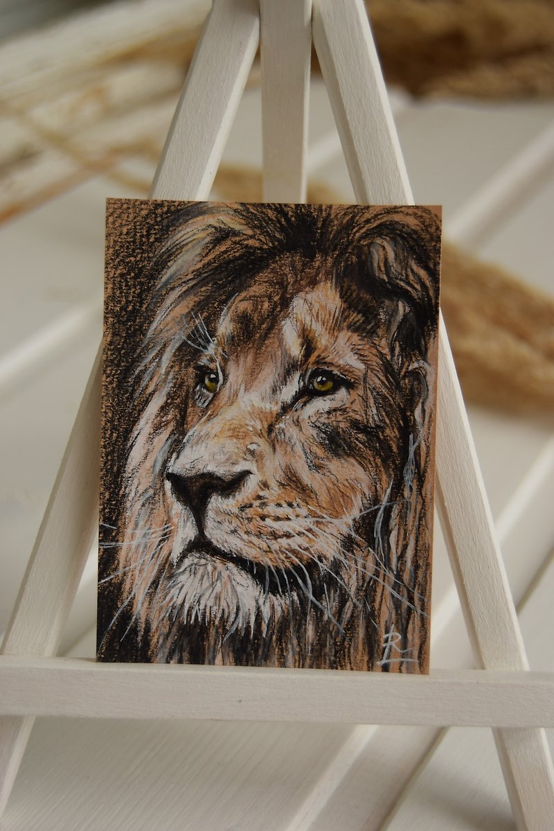 Lion, aceo original, mini painting, art, colored pencils drawing, wild cats