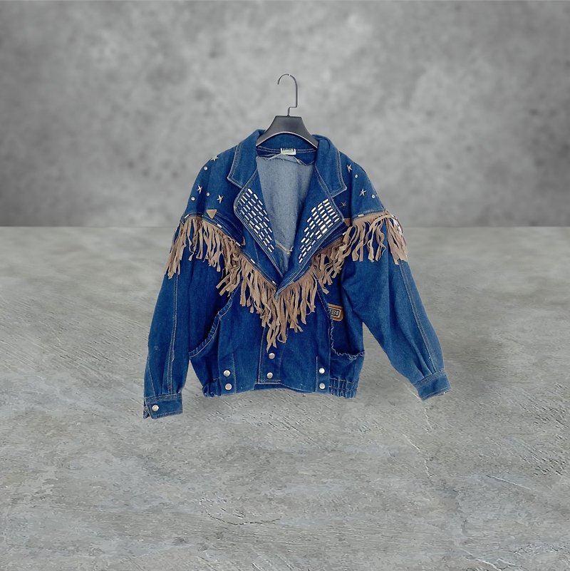 Blue Denim Denim Metal Rivet Stitching Tassel Pocket Wide Shoulder Wide Version Jacket OPME19 - Women's Casual & Functional Jackets - Polyester Blue