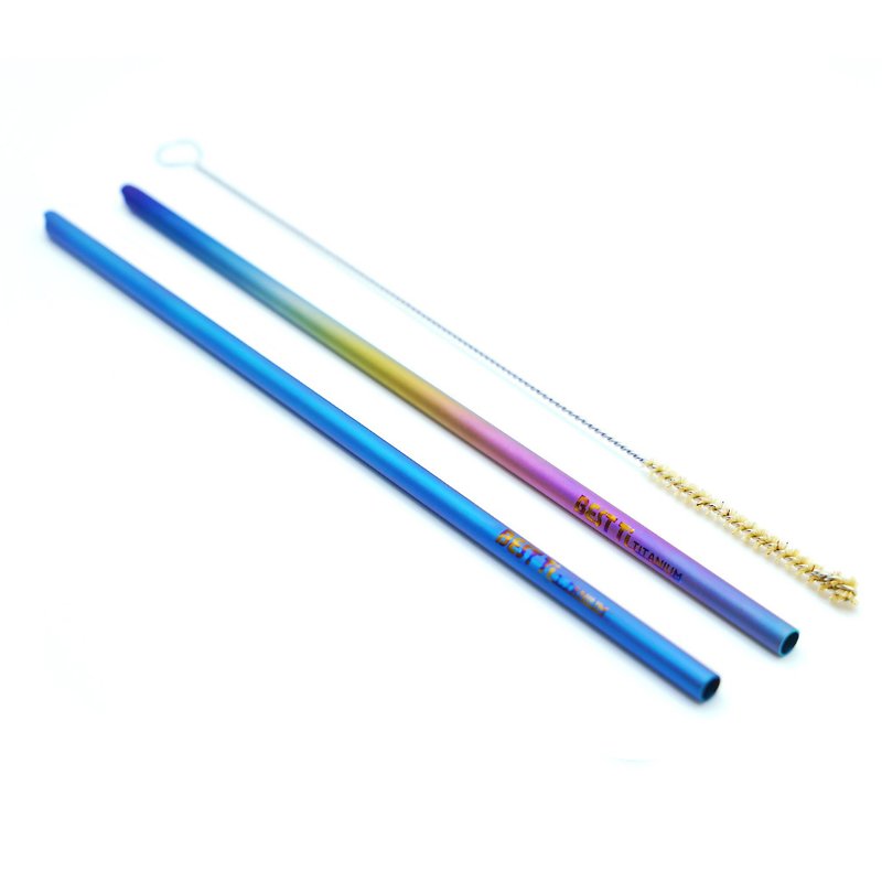 Pure titanium thin straw single into group patented safety curve space blue magic color gift tableware bag - Reusable Straws - Precious Metals Multicolor