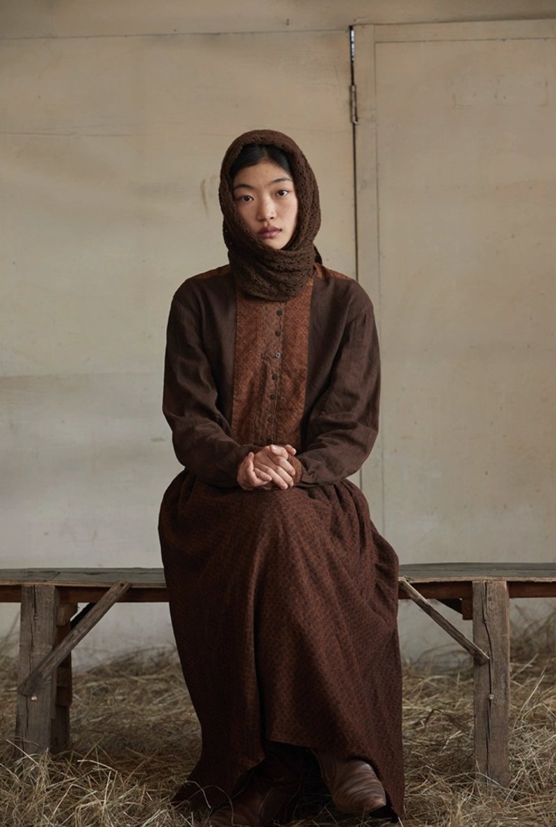 復古文青 絲棉拼接舒適襯衫 - 女襯衫 - 其他材質 咖啡色