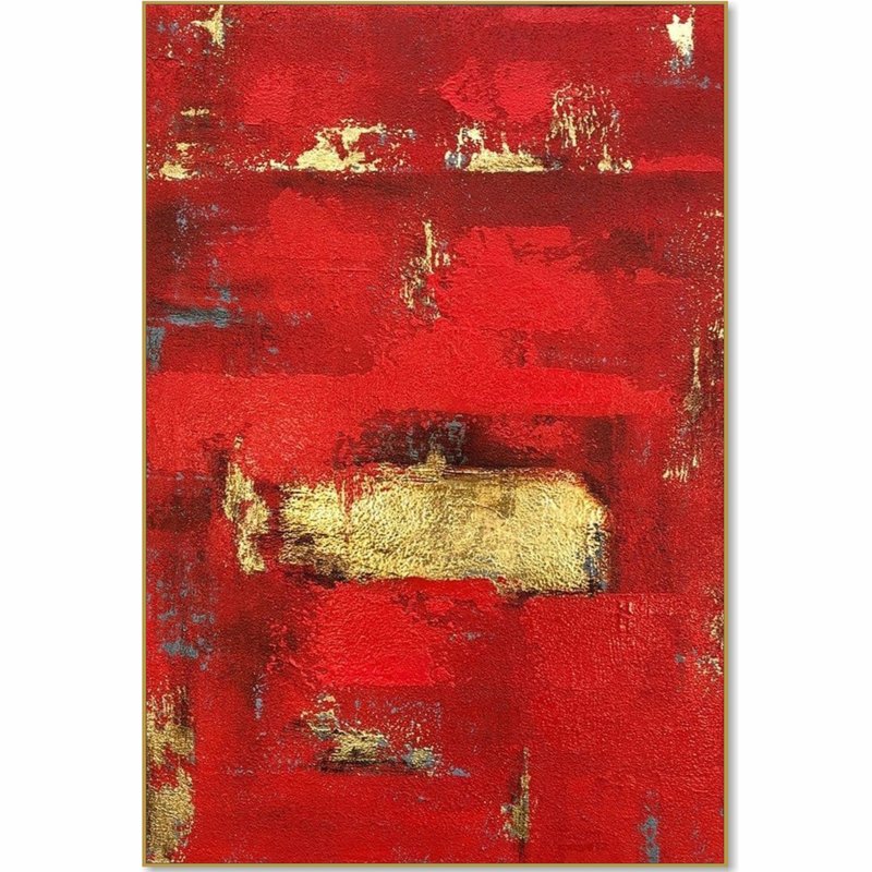 Abstract Red Painting on Canvas Minimalist Wall Art Gold Leaf Artwork Royal Red - 壁貼/牆壁裝飾 - 壓克力 紅色