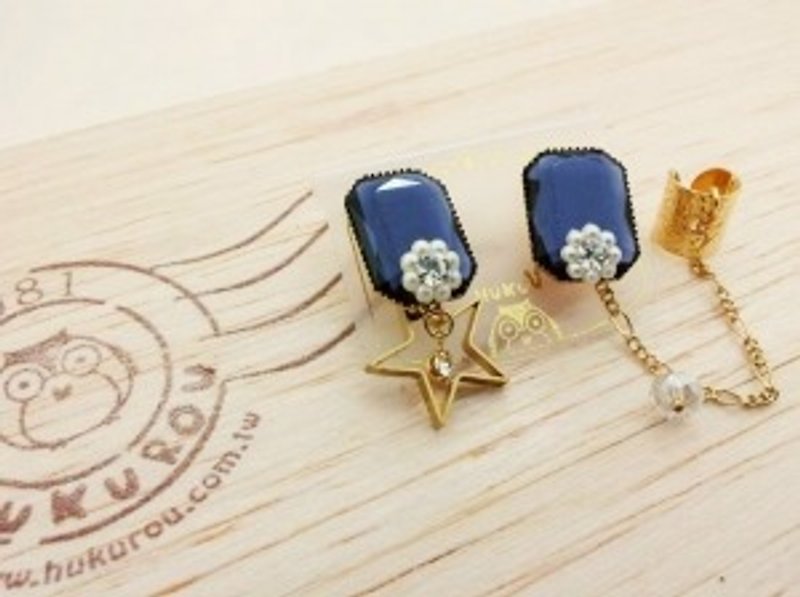 § HUKUROU § square diamond ear clip ear clip dual earrings (sapphire blue / metal gray) - Earrings & Clip-ons - Other Metals 