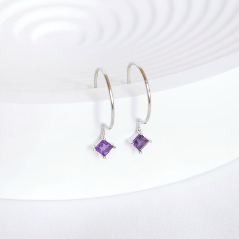 Amethyst 925 Sterling Silver Square Hook Earrings - ต่างหู - คริสตัล สีเงิน