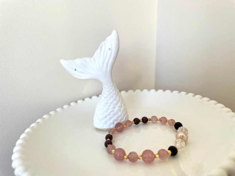 ストロベリーファンタジー 天然淡水パール ストロベリークォーツ ホワイトクォーツ 純銀 伸縮性 ブレスレット - ブレスレット - 真珠 ピンク