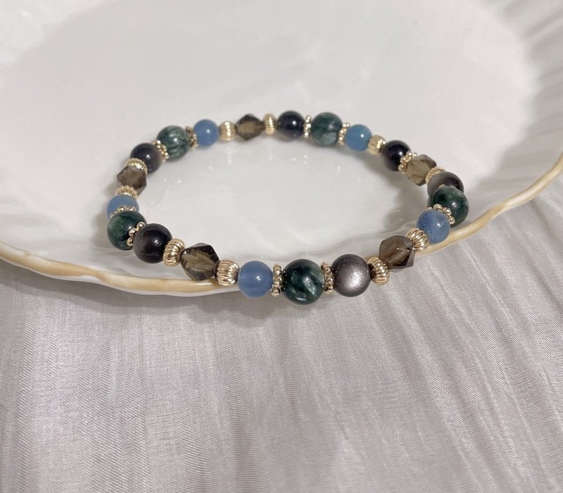 Courage/Confidence/Tea Crystal/Green Dragon Crystal/ Silver Stone/Aquamarine/Elastic 14K color-preserving elastic bracelet - Bracelets - Other Metals White