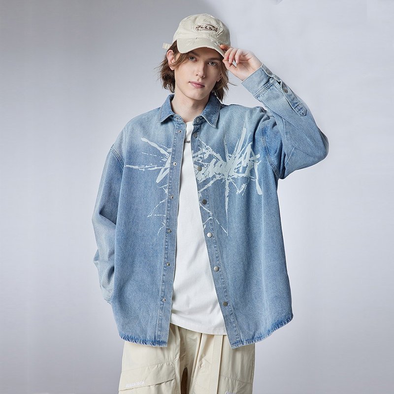 Men's light blue long sleeve denim shirt autumn vintage do old embroidered coat - Men's Shirts - Cotton & Hemp 