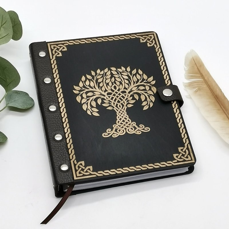 ไม้ สมุดบันทึก/สมุดปฏิทิน สีดำ - Tree of life hard cover journal - Wooden refillable notebook - A5 ring binder