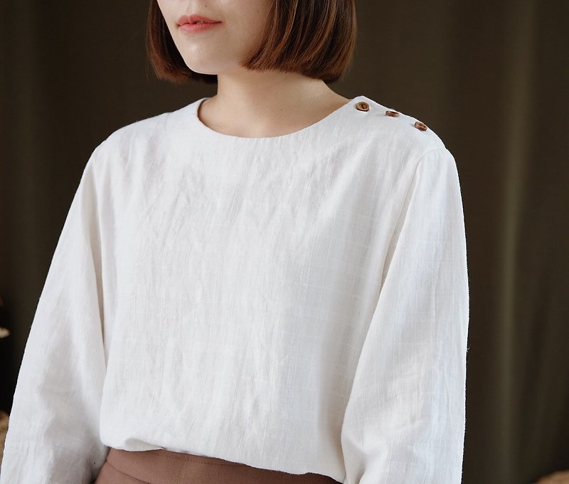 MiHaRu Blouse : Linen white - 女上衣/長袖上衣 - 棉．麻 白色