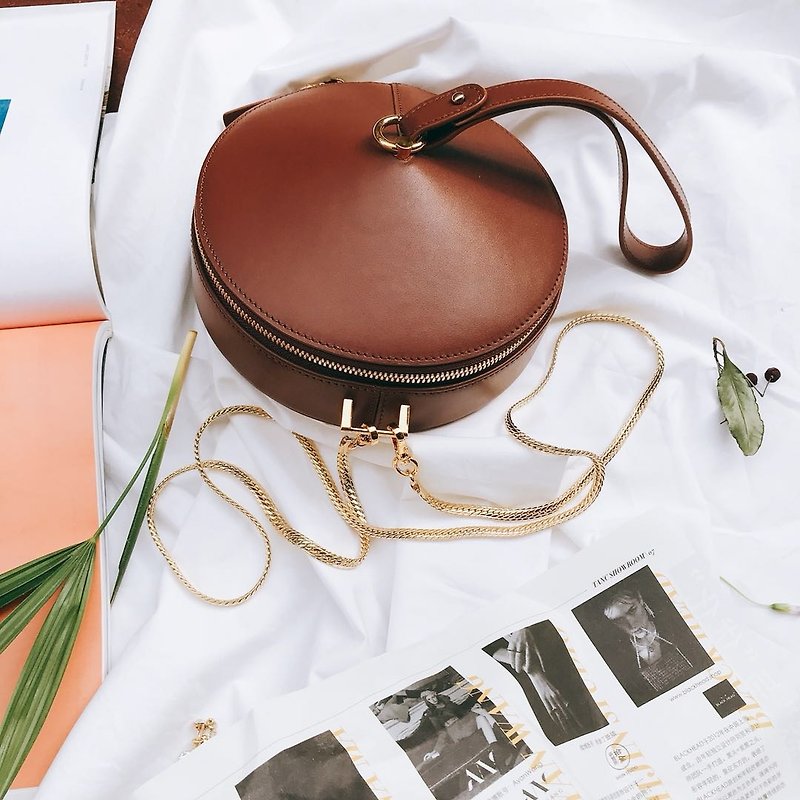 Large copper enamel | three-color mini copper simmered chain cross-body bag leather top layer leather - กระเป๋าแมสเซนเจอร์ - หนังแท้ สีนำ้ตาล