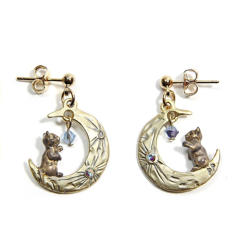 Cat Moon Earrings PA466 - ต่างหู - โลหะ สีทอง