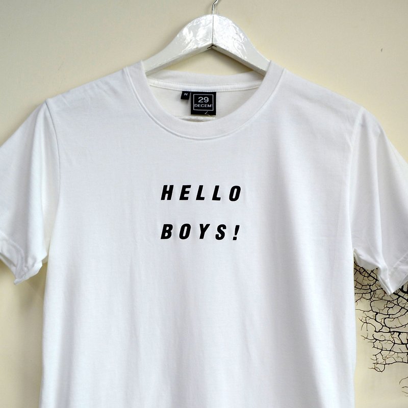 HELLO BOYSホワイトの超ソフトでおなじみのハンドフィールの男性と女性のための高品質のコットンTシャツ、ワンサイズですべてにフィット - トップス ユニセックス - コットン・麻 ホワイト