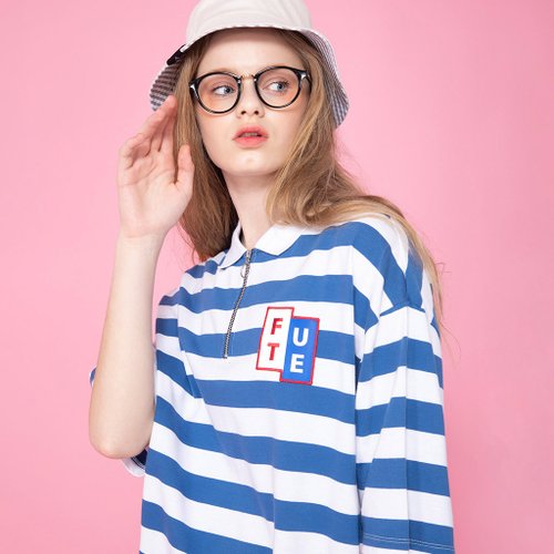 FUTE 【中性款】 寬大條紋 Polo shirt / 藍白條紋