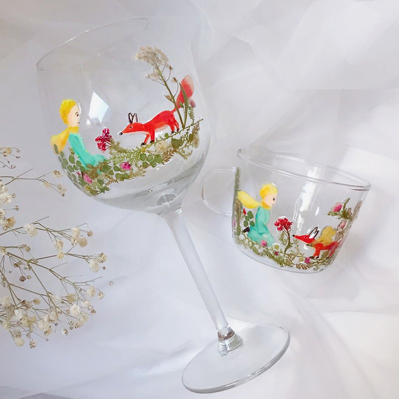 The Little Prince Red Wine Glass Pair Set-Hand-painted Pressed Flower Order - แก้วไวน์ - แก้ว หลากหลายสี