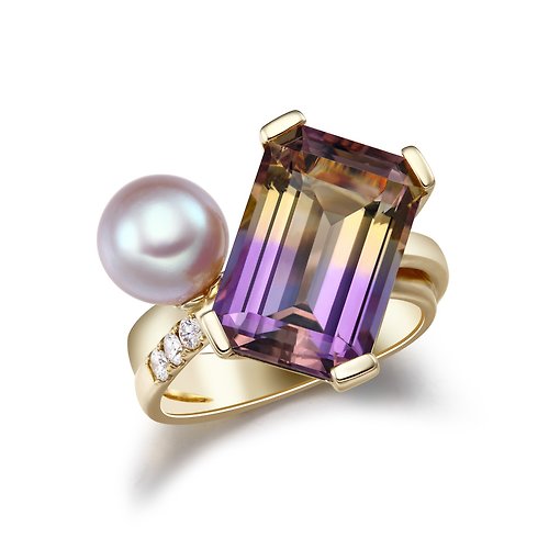 一方晴珠寶設計 18K金 戒指 紫黃晶 珍珠 鑽石 交響樂