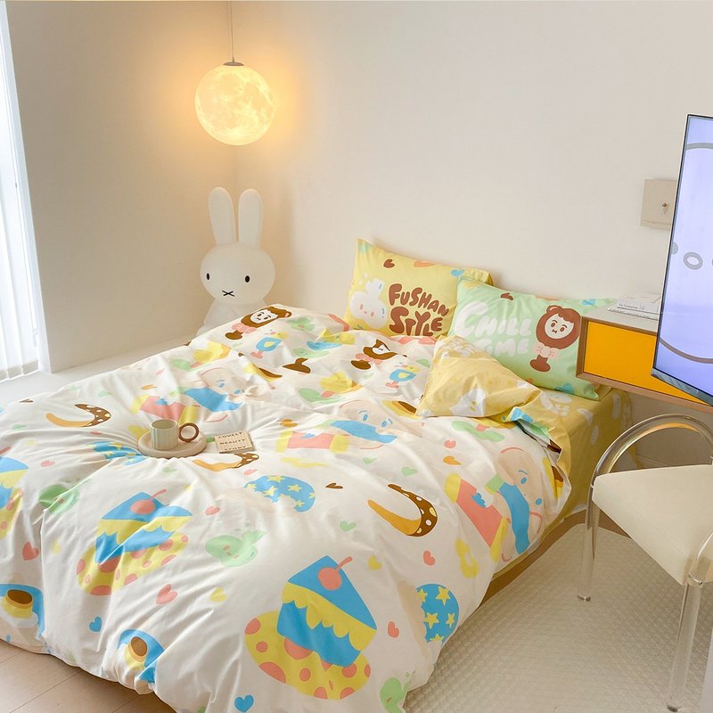 米黃色可愛馬卡龍色毛筆圖案純棉寢具床上四件套 - 寢具/床包 - 棉．麻 多色