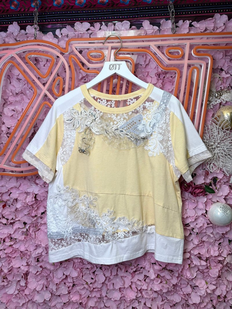 OTT One-of-a-Kind • Unique Japanese-Inspired Pink Embroidered Wedding Dress Lace Hand-Crocheted, Hand-Knitted Patchwork Top - Women's Tops - Cotton & Hemp Yellow