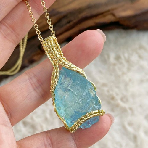 微光手作 【海藍寶原石】手作天然水晶項鍊 / 海水藍寶