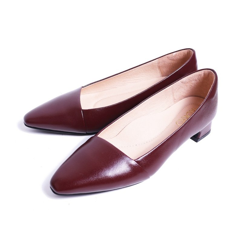 氣質拼接感柔軟粗跟包鞋古酒紅色 - 高跟鞋/跟鞋 - 真皮 紅色