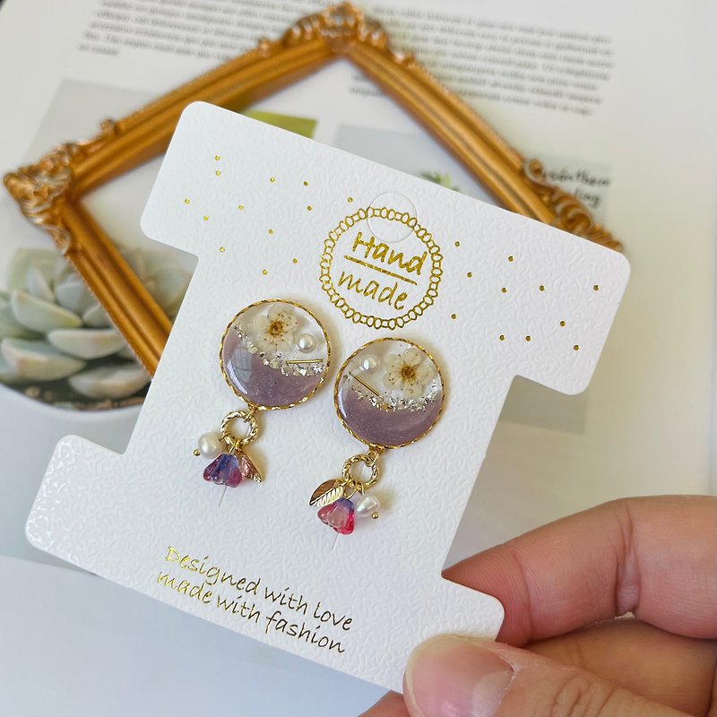 Morandi Purple Flower Earrings - Pendant/Ear Pins/ Clip-On/Freshwater Pearls/Czech Beads/14k - ต่างหู - วัสดุอื่นๆ 