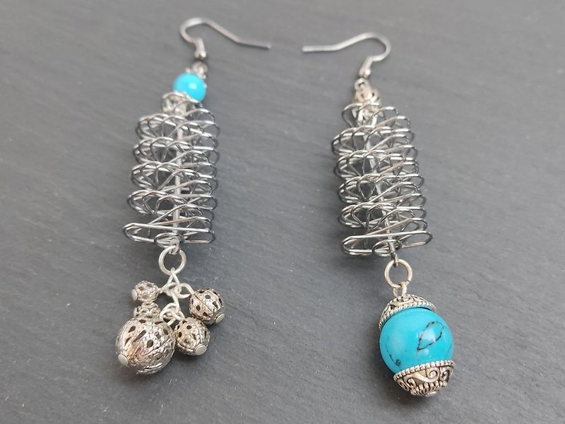 Asymmetric turquoise original earrings beaded long dangle earrings - 耳環/耳夾 - 寶石 藍色
