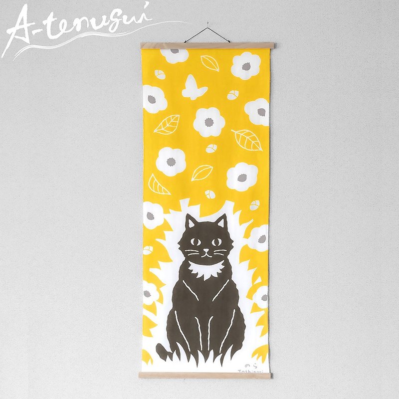 Black cat Japanese towel / Yellow/ A-tenugui - Towels - Cotton & Hemp Yellow