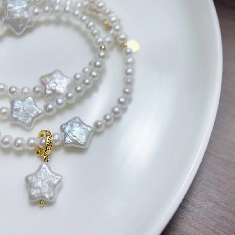 Yuan Design 聖誕設計星星巴洛克異型珍珠項鏈手鏈吊墜一體 - 項鍊 - 珍珠 白色
