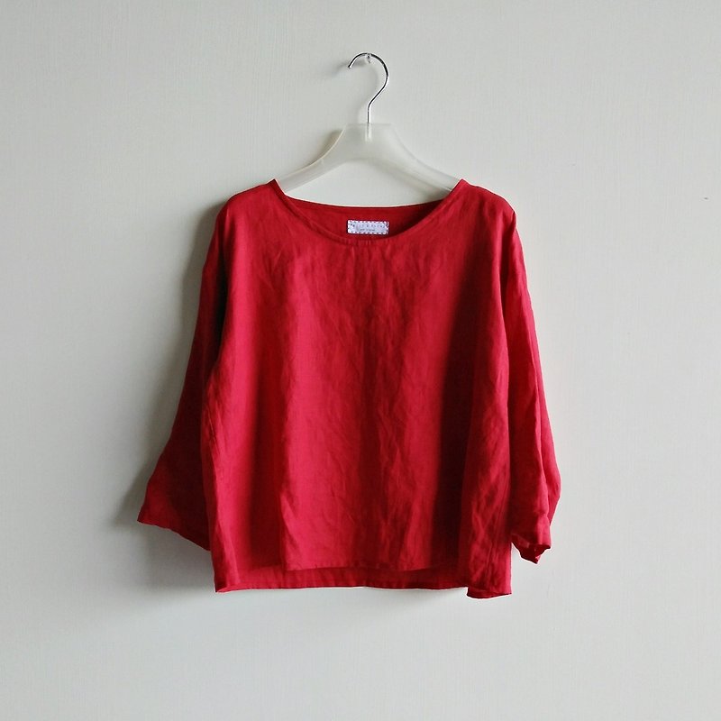 Three-quarter sleeve short shirt linen red/optional color - เสื้อผู้หญิง - ผ้าฝ้าย/ผ้าลินิน สีแดง